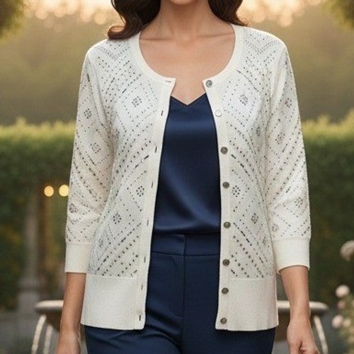 White House Black Market Ecru Size Small Embellished Cardigan Cream 3/4 Sleeve